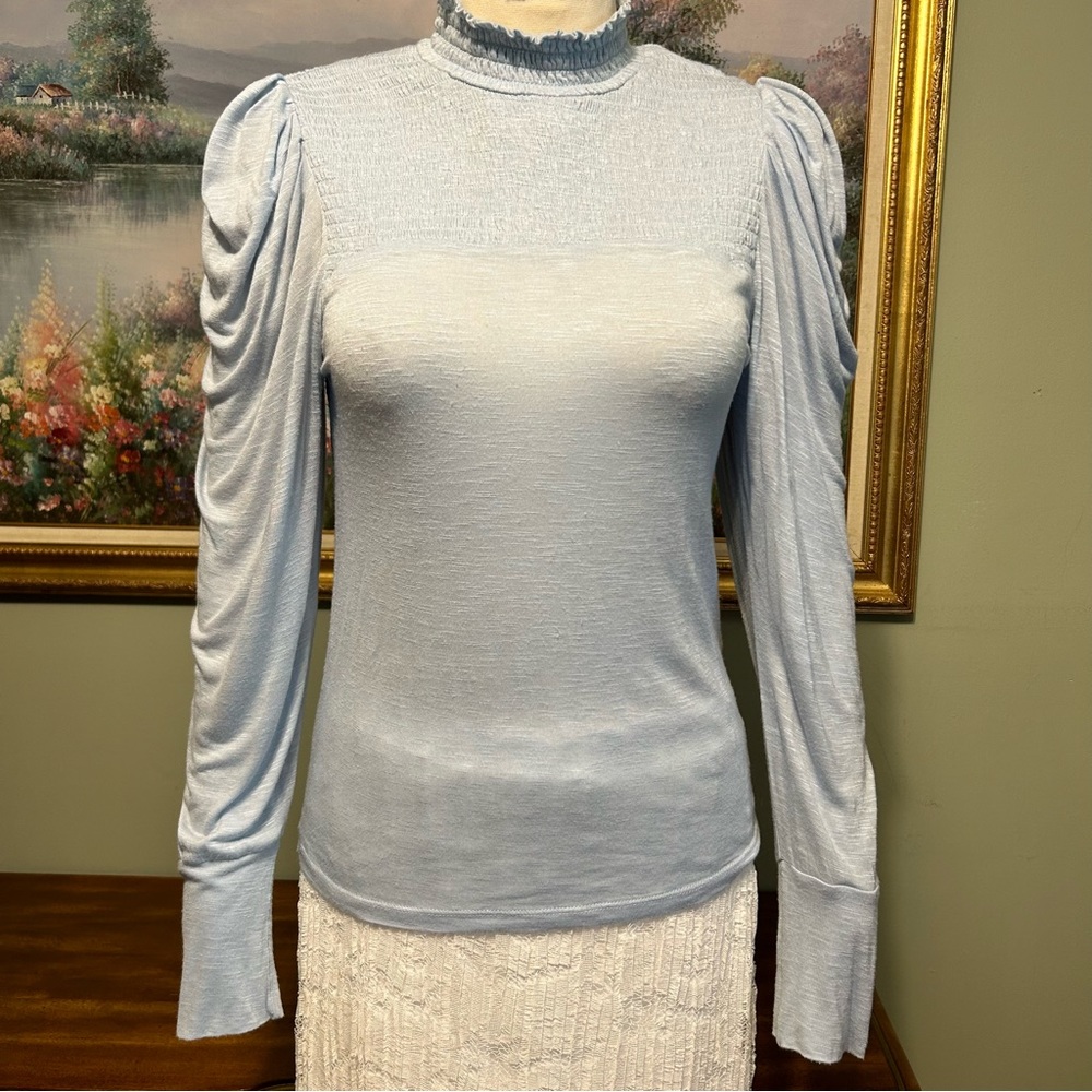 7 For All Mankind Light Blue Smocked Long Draped Puff Sleeve Mock Neck Shirt